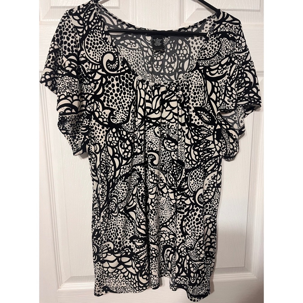 Madison‎ Studio Womens XL Black White Abstract Paisley Dot Scoop Neck Blouse Top